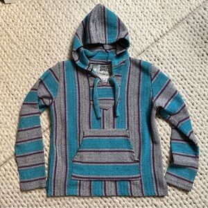 Striped Teal and Gray Original Senior Lopez Poncho Sweater | medium